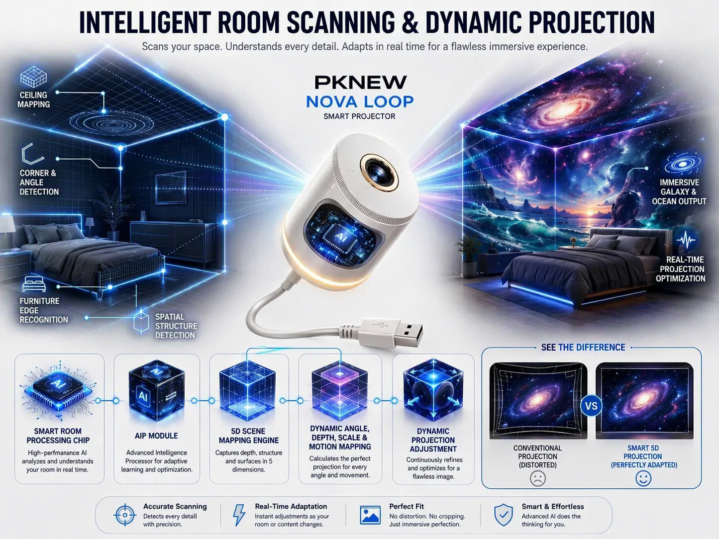 ✨PKNEW® NEXT-GEN SMART PROJECTION HD Smart Dynamic 5D Holographic Night Light Projector💎