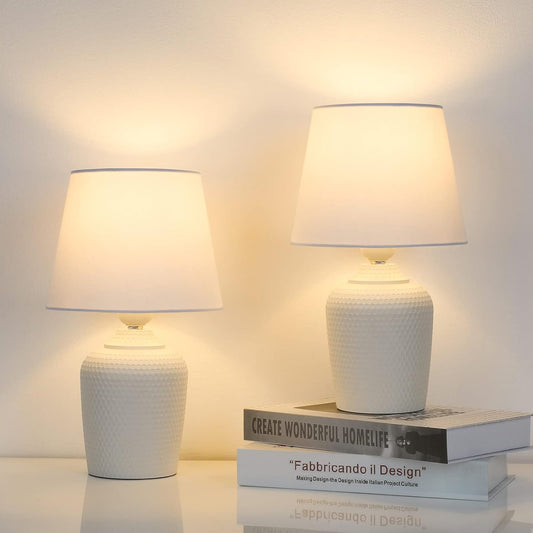 Small Table Lamps Set of 2 – 11.8" Bedside Lamps for Bedroom, Kids Room, Living Room & Office, White Studded Base