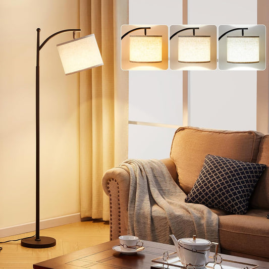 Tall Floor Lamp with 3 Color Temperatures – Adjustable Linen Shade, 60", for Living Room, Bedroom, Office & Dorm, Bulb Included, Beige & Black