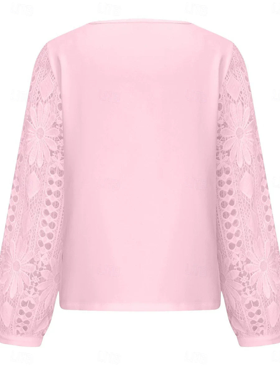 Women's White Elegant Lace Tops Eyelet Blouse Casual Solid Color Regular Tops Long Sleeve Asymmetrical Lace Patchwork Regular Fit Daily Black White Pink Romantic Petite Tops Summer Holiday Wear